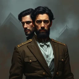 painting of both john oliver and adam driver together, adam driver behind, john oliver in front, stoic, full body, military uniform, fantasy, elegant, beautiful, highly detailed, centered, dark, smokey, digital painting, concept art, smooth, sharp focus, illustration, art by greg rutkowski, art by alphonse mucha