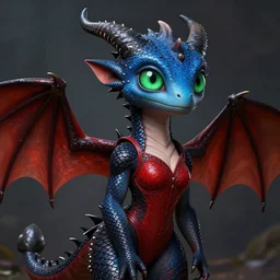 this compassionate female dragonling has large green eyes. she is bald. she has a wasp - waisted build. her scales are blue. her face has an inhumanly reptilian look to it. she has sawtoothed horns on the side of her head. she has webbed ears. she has tiny wings. she has a thick tail tipped with a stinger. her wardrobe is tight, and is completely red and black.