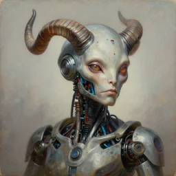 cinematic bust portrait of psychedelic robot with horns from left, head and chest only, exotic alien features, robotic enhancements, electric color , desaturated, Tim Hildebrandt, Wayne Barlowe, Bruce Pennington, donato giancola, larry elmore, oil on canvas, masterpiece, trending on artstation, featured on pixiv, cinematic composition, dramatic pose, beautiful lighting, sharp, details, hyper-detailed, HD, HDR, 4K, 8K