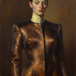 detailed portrait in strong femininity, ethnic, realistic face sculpted features, statuesque model, low perspective, modern fashion, tight regal long brocade jacket, high starched collar, warm glow, supple, bathed in light, chiaroscuro, specular highlights, angular impressionism, radiosity, deep rich tones, contemporary art, oil on canvas