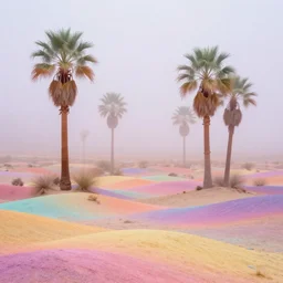 beautiful ethereal iridescent pastel colorful foggy nevada desert with colorful multicolored sand and pastel colorful palm trees