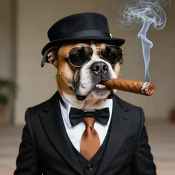 real cool photo of dog as a mafia boss, dressed in smoking, with a big fat cigar, color