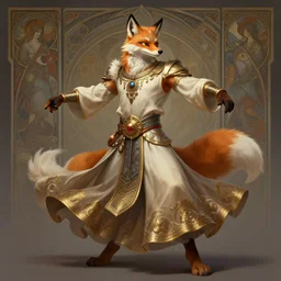 full body photograph of a male anthropomorphic fox man fursona arabian dancer, deep focus, intricate, elegant, highly detailed, digital painting, artstation, concept art, matte, sharp focus, illustration, d & d, fantasy, hearthstone, art by artgerm and greg rutkowski and alphonse mucha