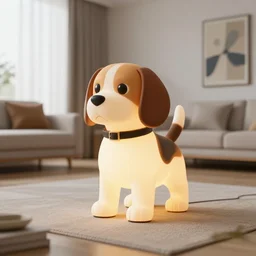 a 3d beagle shaped lamp, placed in a large living room, art designers magazine HD photo superrealism 3d 8k resolution