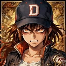symmetry badass clementine from the walking dead wearing her iconic baseball letter d hat angry, ultra detailed, intricate, anime, dynamic lighting, digital art, digital painting, art station, wlop, sharp focus, illustration, art by artgerm and greg rutkowski and alphonse mucha