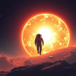 an astronaut silhouetted by a large solar flare, stars, intricate concept art by ruan jia and moebius