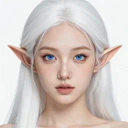 a beautiful portrait, white background, gorgeous fantasy elf. professionally retouched, soft lighting, freckles, realistic, smooth face, gorgeous blue eyes, long white hair, cute ears, wide angle, sharp focus on the eyes, 8 k high definition, insanely detailed, intricate, elegant, gorgeous, art by artgerm and wlop