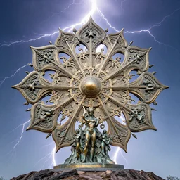 sculpture, radial, mandala, symmetrical, intricate, fine detail, radiant, crisp, clean, rodin, moore, bronze, set on top of a mountain, epic, heroic, dramatic lighting, struck by lightning, brilliant color