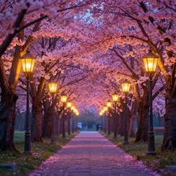 photorealistic beautiful cherry blossom forest with victorian lanterns lining the stone pathway. hyperdetailed photorealism, 1 0 8 megapixels, amazing depth, glowing rich colors, powerful imagery, psychedelic overtones, 3 d finalrender, 3 d shading, cinematic lighting, artstation concept art