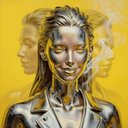 3 d, close - up, liquid chrome, smirk fashion model, smoke, poster art, high detail, intricate oil painting, multiple exposure, deep yellow color palette, hyperrealism, 3 d, by tooth wu and wlop and beeple and greg rutkowski