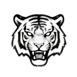 logo simple doodle drawing in monochrome ink of a fearless african tiger head with angry ears, very aggressive mouth, lethal eyes