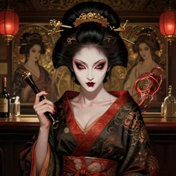 evil geisha in a bar, perfectly-centered-Portrait of the most beautiful asian woman on the planet,  insane, intricate, highly detailed, digital painting, artstation, concept art, smooth, sharp focus, illustration, Unreal Engine 5, 8K, art by artgerm and greg rutkowski and alphonse mucha