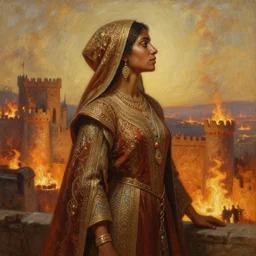 a beautiful realistic painting of medieval woman with mauritanian skin tones on top of a burning castle looking into the distance of fire, intricate, elegant, highly detailed, digital painting, artstation, concept art, by krenzcushart and artem demura and alphonse mucha