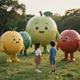 1990s candid photo of a beautiful day at the park, cinematic lighting, cinematic look, golden hour, large personified costumed fruit people in the background, Enormous fruit people mascots with friendly faces, kids talking to fruit people, UHD