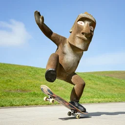 moai statue doing a kickflip on a skateboard