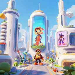 a future urban city, white buildings + colorful decorative + led billboards, cute scene, dokev, ratchet & clank, overwatch,