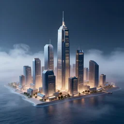 geometric futuristic cityscape, scifi skyscrapers, night lights, seashore, 3d minimalistic, distant, volumetric fog, dynamic lights, digital art