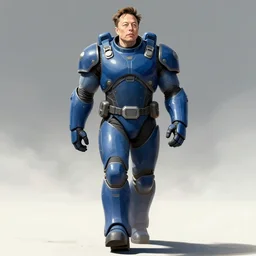 an illustrated graphic novel image of a giant elon musk in blue battle armor walking toward the camera with fire and an explosion of dozens of blue birds, h.r. giger, ross tran