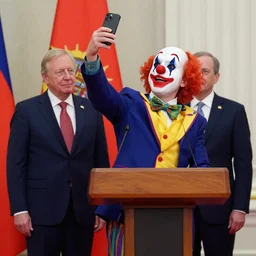 a president with clown face taking a selfie in a podium next to first minister