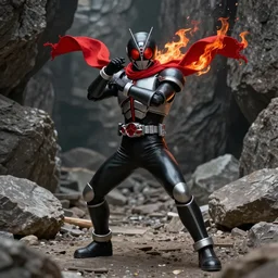 Realistic Kamen Rider with a red scarf of fire billowing behind him standing in a rock quarry doing a henshin pose, full body single character, League of Legends Character Splash Art, rubber suit, biomechanical, Arcane style, good value control, high quality, 4k, ultra realistic, highly detailed, illustration, matte painting, rule of thirds, centered, cinematography