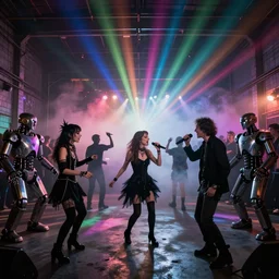 flash photography of goth punks and robots at a secret underground rave dance party in a warehouse by annie leibovitz, fog machines!!!, colorful, light effects!!,