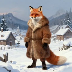 an anthropomorphic fox man wearing a long fur coat and mittens in a snowy village, character illustration by greg rutkowski, Tuomas Korpi, thomas kinkade, Howard Pyle, El Greco, Cynthia Sheppard