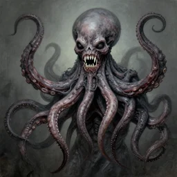 steve buscemi's horror version. an unnatural abomination with long teeth, many tentacles, and gray skin. grunge, horror, dmt, dark and muted colors, detailed airbrush art, by yves klein