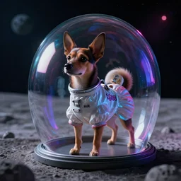 Laika, the dog that travels to space, with a dress that bears his name embroidered, and a glass astronaut hull, a lunar landscape, darkness, night lighting, colored spotlights, psychdelic lights, gloom, Alexander Jansson style, realistic, realistic, Many details, detailed detailed detailed render, an unreal engine 5, HDRI