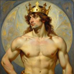 A man wearing golden crown, muscular, painting by greg rutkowski and alphonse mucha
