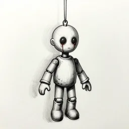 a marionette puppet hanging limp with blood running from his eyes, 2 d sketch in pen, highly detailed, horror themed, stark light and shadows