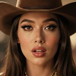 film still of jar jar binks as a female cowgirl, long eyeslashes, big juicy lips, big seductive eyes, dramatic cinematic lighting, dolce & gabbana campaign, shot by mario testino, realistic vfx simulation, 4 k