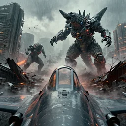 First Person Point view of Fighter Jet Cockpit revealing pacific rim robort fighting with godzilla in the wreckage city in the rain,by Tim Hildebrandt ,James Paick,Ted Nasmith, peter gric,Hugh Ferriss,trending on artstation,8k,Blade Runner 2049,ultra realistic,high detail,golden ratio,cinematic lighting,maximalist
