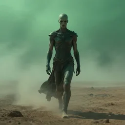 cinematic still of Nyarlathotep striding alone across a desolate waste, green mist, 4k, masterpiece, by Greg Rutkowski, Trending on Artstation