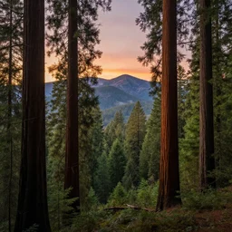 redwood forest landscape with mountains in the background, sunset, high detail, high definition, photorealistic, 8k