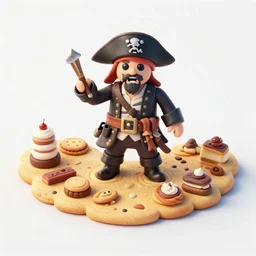 pirates on an island made of cookies, cakes, and other desserts, digital art