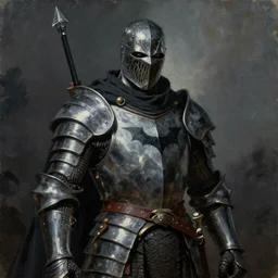 an ominous oil painting portrait of Bane from the dark knight rises with a medieval armor