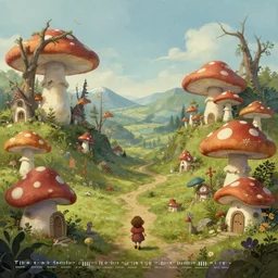 “wide shot, concept art, trolls in a fairytale landscape with mushroom houses, in the style of John Bauer and wimmelbilder”