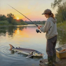 a girl fishing at a river, finishing for sturgeon at sunset, oil painting