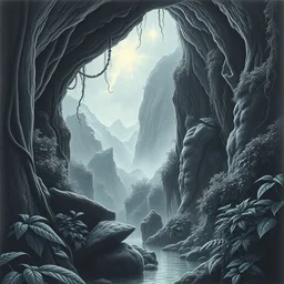 a beautiful pencil artwork of dark void in a lush humid prehistoric jungle cave, mountains, cthulhu in the background, cosmic horror, vines, water, black leaves, lush flora, the north star, volumetric lighting, haze, 8 k