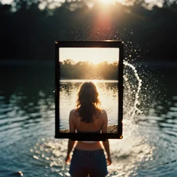 a 2 8 mm holga photo from the back of a woman at the edge of a lake, splash art, movie still, bokeh, canon 5 0 mm, cinematic lighting, dramatic, film, photography, golden hour, depth of field, award - winning, anamorphic lens flare, 8 k, hyper detailed, 3 5 mm film grain