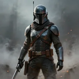 a centered character design of an intergalactic bounty hunter, sci - fi, hyper realistic, painting, full of details, movie scene, dramatic lighting, volumetric light, fog, embers in the air, in the style of greg rutkowski,