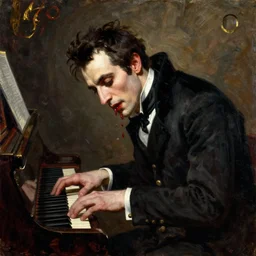 franz liszt as a vampire craving blood, leaning over the piano keyboard, oil on canvas, william bouguereau, alexandre cabanel, 1 8 8 0