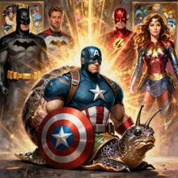 a portrait of a muscled anthropomorphic snail, dressed as captain america, batman, the flash, captain marvel, wonder woman, a superhero. by artgerm, greg rutkowski, alphonse mucha