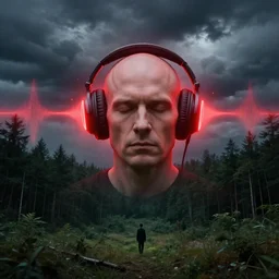 portrait, bald man wearing headphones, by greg rutkowski, in a forest clearing, storm clouds, red glow surrounding headphones, glow melting up from the headphones, ethereal, thomas kinkade, sound waves, powerful zen composition, by takehiko inoue and ross tran, elegant, realistic