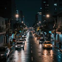 photorealistic Philippine city street with flying cars on the roads dark, wet, night light fixtures. 8K. detailed. photorealism. artstation. 25mm f/1.7 ASPH Lens. ultra realistic