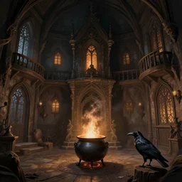 interior witch's house with a cauldron smoking, one crow, fantasy art, in the style of greg rutkowski, illustration, epic, fantasy, cinematic, intricate, hyper detailed, artstation, concept art, smooth, sharp focus, ray tracing