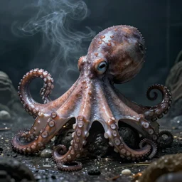 an octopus in a smokey room, 4k, realistic lighting