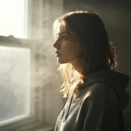 very very beautiful mysterious photograph in profile of emily skinner looking like annie leonhart in a hoodie standing next to a window god rays shining on her from the sunlight, volumetric fog, smoke, depth of field, beautiful composition, very very very beautifull face, on artstation and instagram, ray tracing