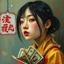 impressionist surreal art of asian girl who lost her money