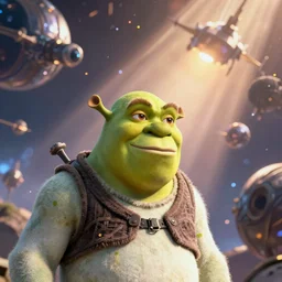 shrek in the unreal engine, giant space battle, 8k, photo realistic, lensflare, volumetric lighting